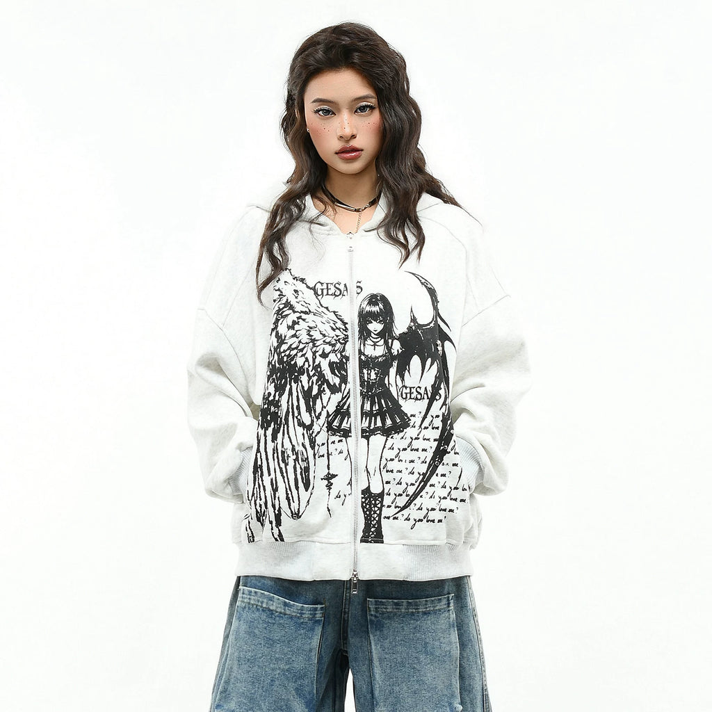 OV original dark gothic style angel print rivet hooded sweatshirt for men and women, autumn loose vintage cardigan jacket