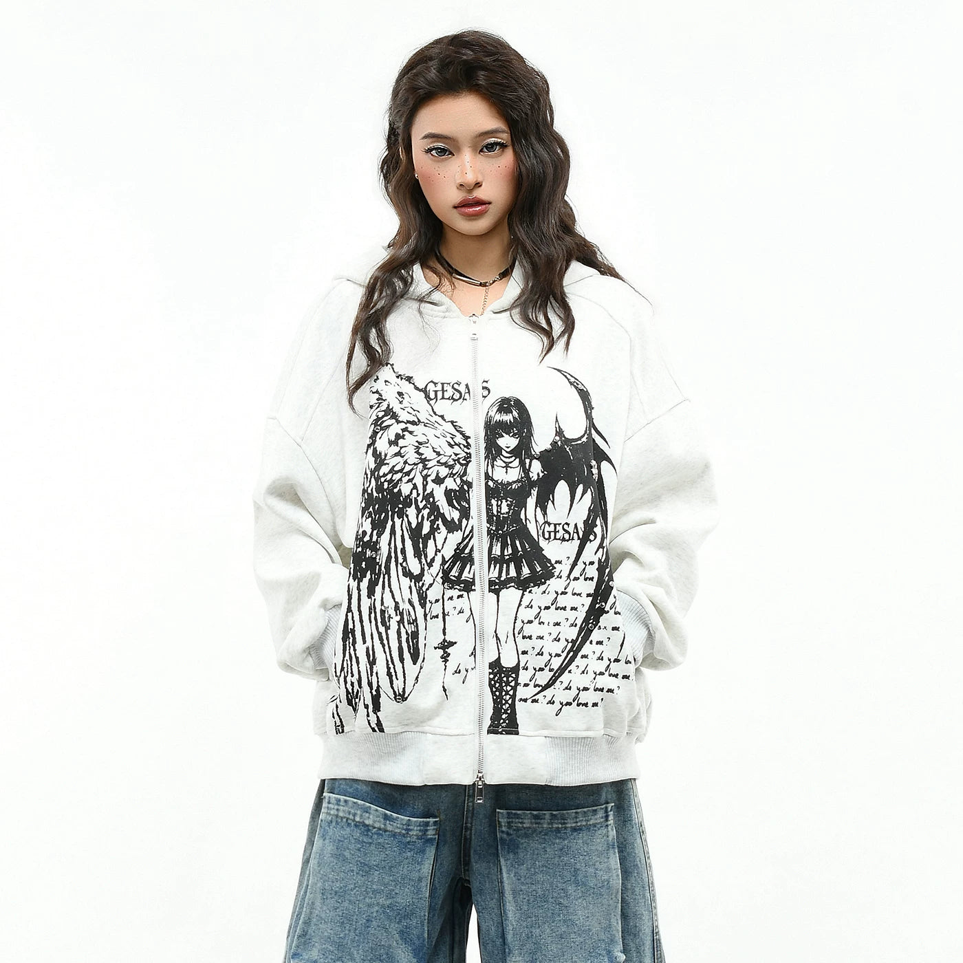 OV original dark gothic style angel print rivet hooded sweatshirt for men and women, autumn loose vintage cardigan jacket