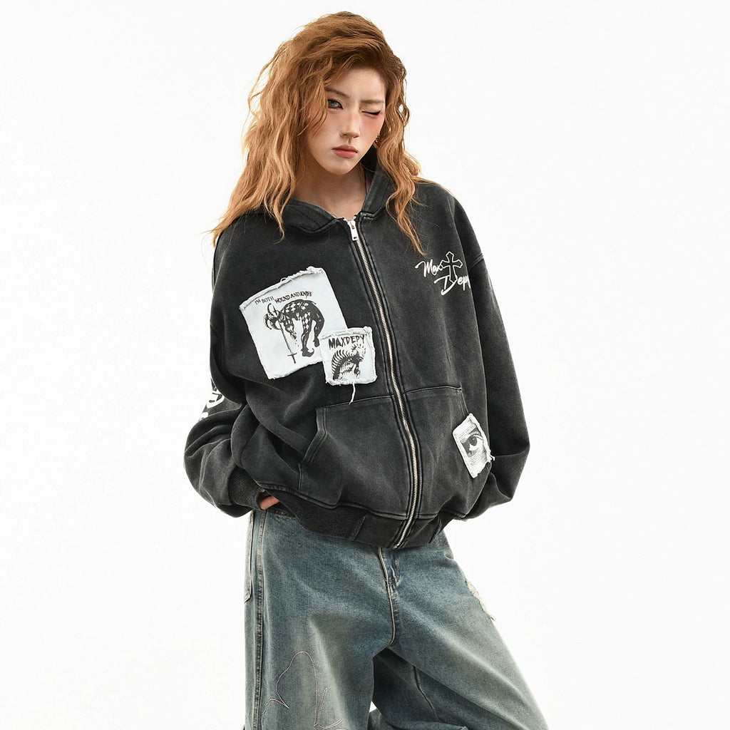 OV original American style patchwork embroidery distressed washed hooded sweatshirt women's spring street loose cardigan jacket men's trend