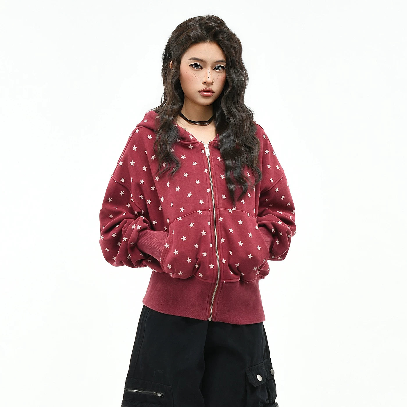 OV Original Retro Star Full Print Vintage Waist Hoodie Women's Autumn Loose Short Zipper cardigan Coat