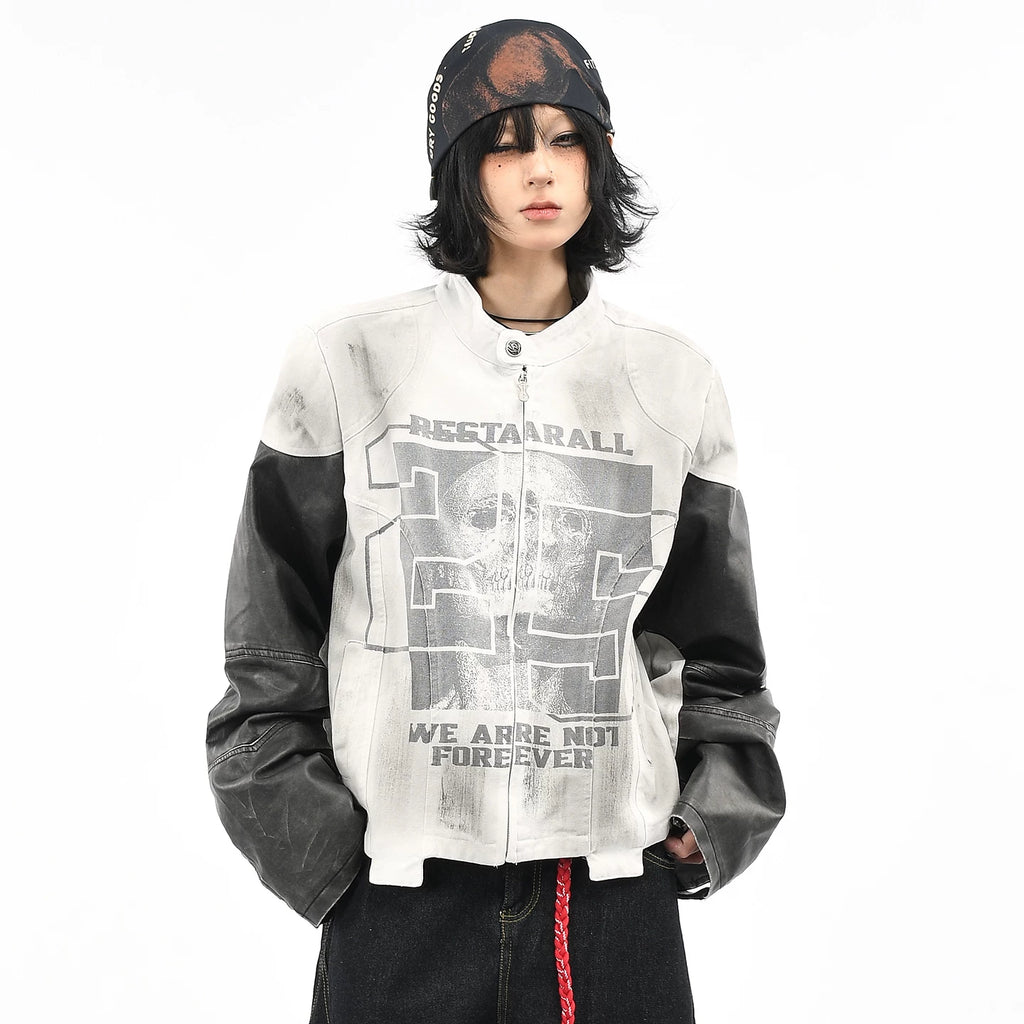 OV original American retro skull print motorcycle racing jacket for women, autumn short style, cool and dirty dyed jacket for men