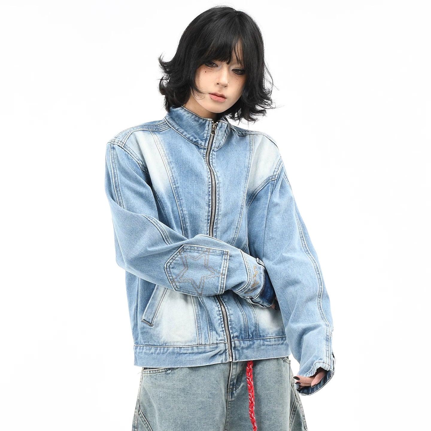 OV Original American Deconstruction Splicing Water Washed Cowboy Jacket for Women's Street Loose Pocket Inverted Design Autumn Jacket