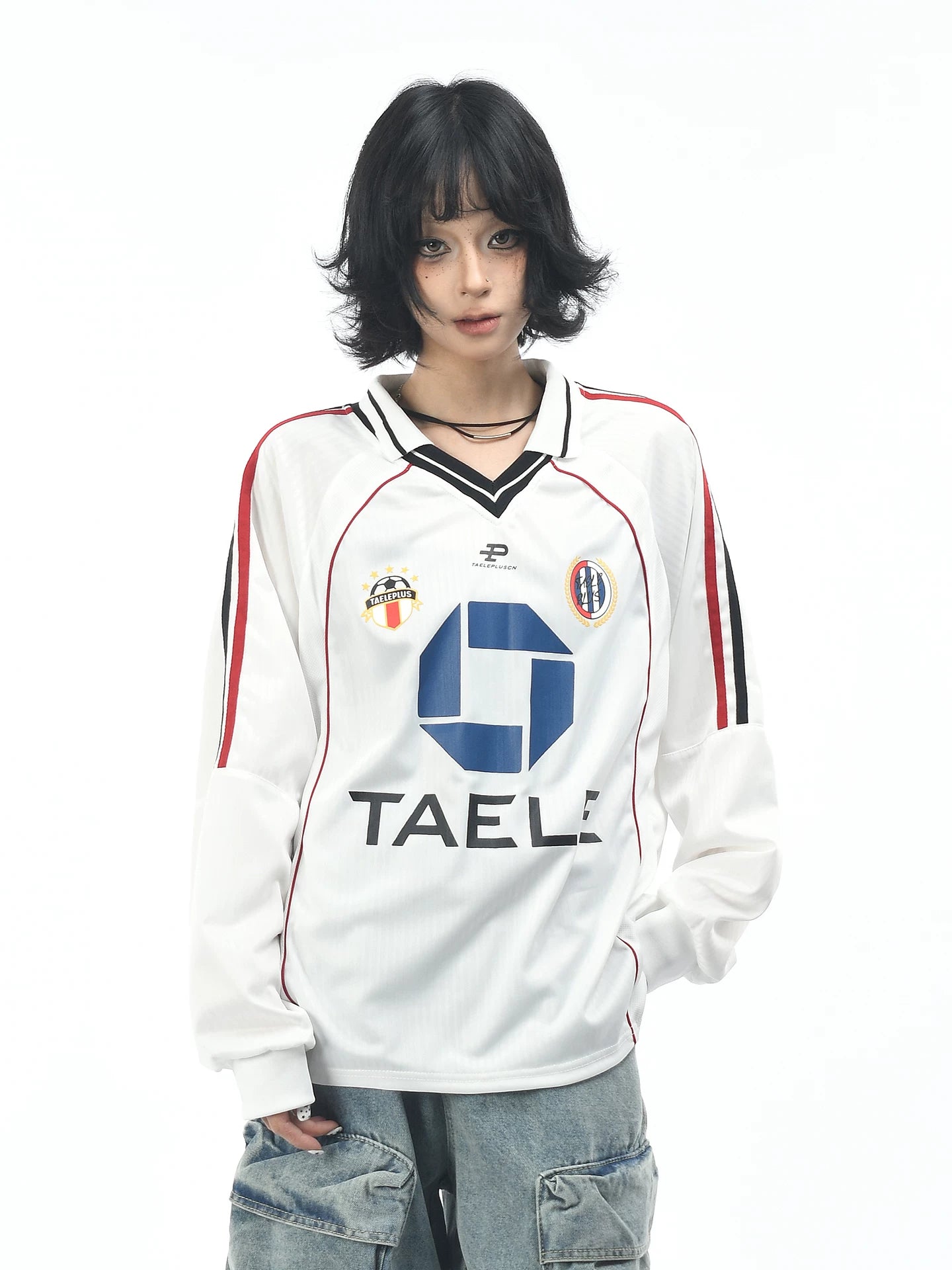 OV original American retro V-neck jersey printed long sleeved T-shirt for men and women autumn loose fitting raglan sleeves couple's top trend