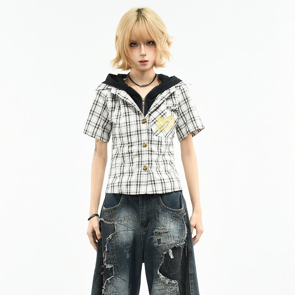 OV original subculture sleeve detachable fake two-piece long sleeved shirt for women's spring slim fit short plaid shirt trend
