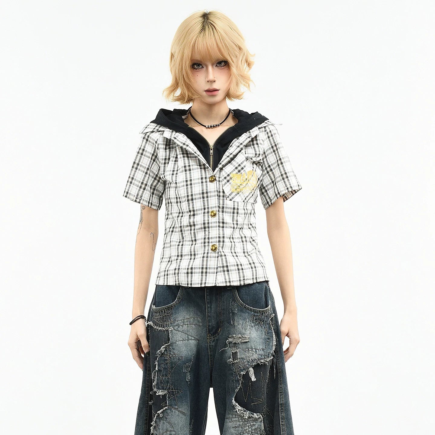 OV original subculture sleeve detachable fake two-piece long sleeved shirt for women's spring slim fit short plaid shirt trend