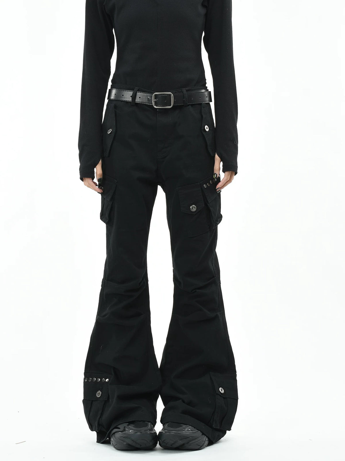 OV original American punk subculture multi pocket work pants with rivet design for men and women, slim fit micro flared pants, trendy