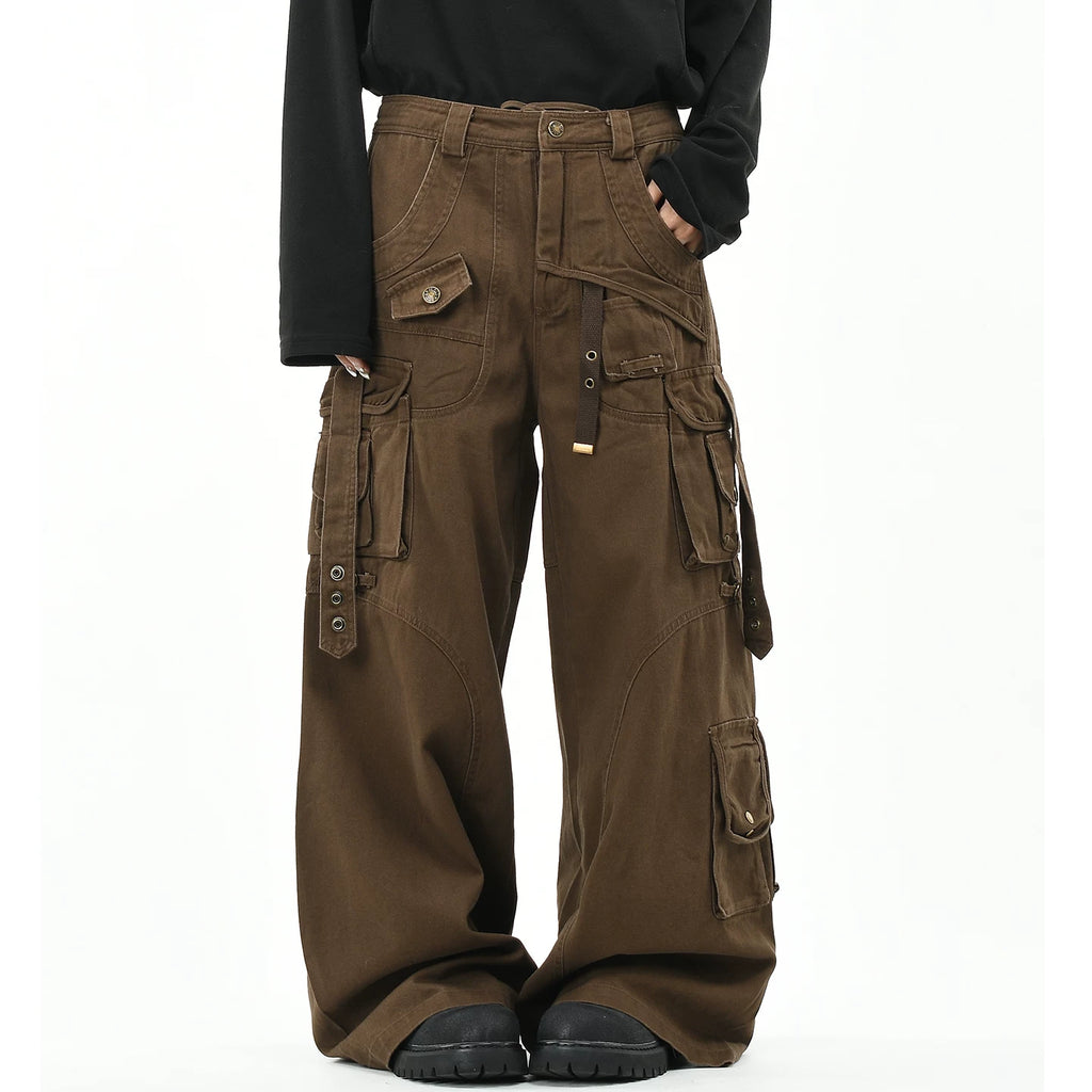 OV original American style multi pocket ribbon functional work pants for women on the street, loose wide leg washed long pants for men, trendy