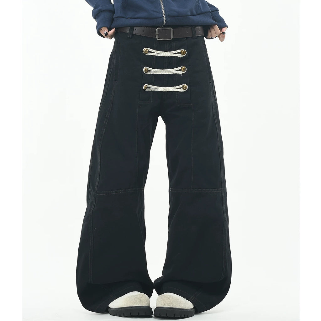 OV original palace style rope embroidery double breasted design sense casual pants for men and women loose wide legs deconstruction workwear pants trend