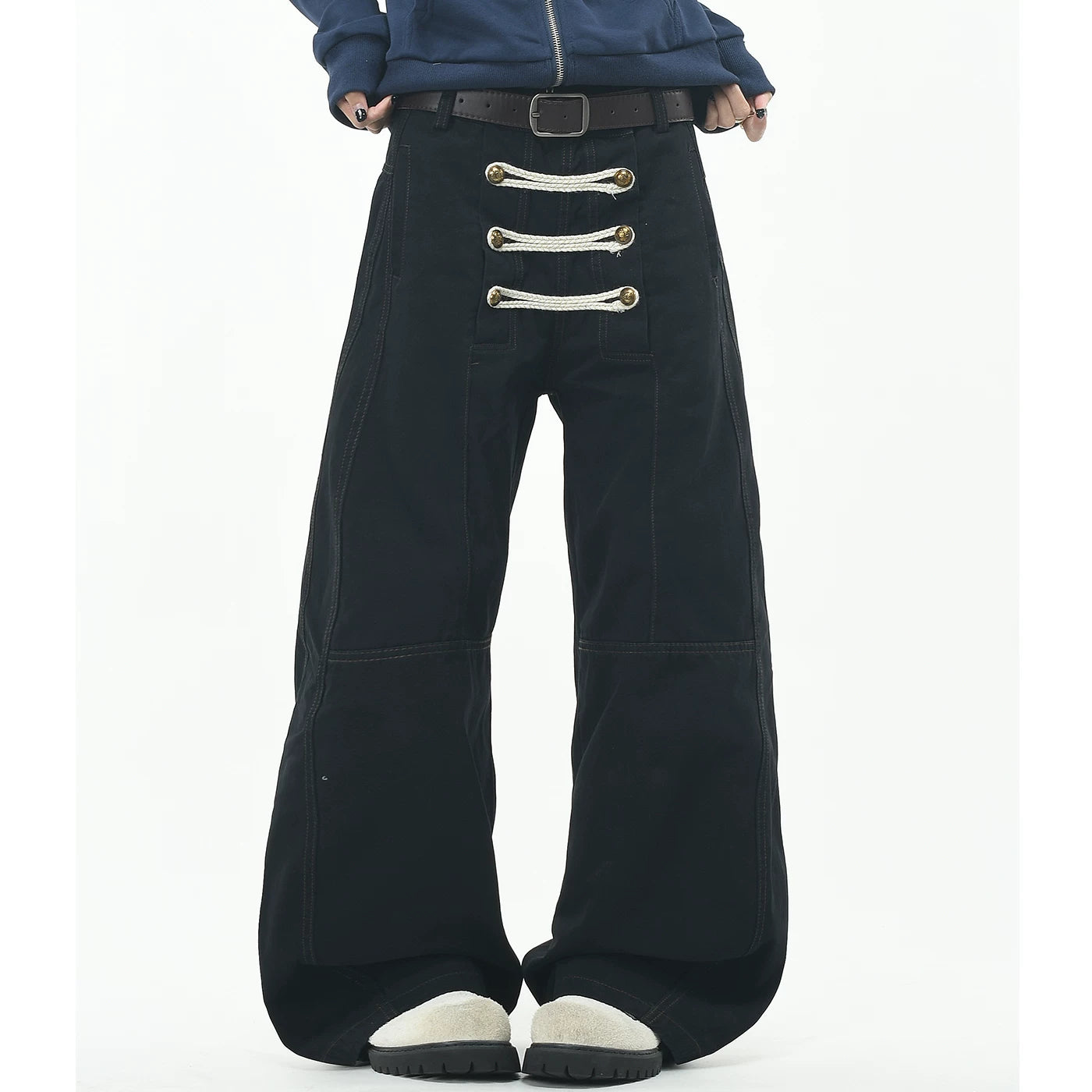 OV original palace style rope embroidery double breasted design sense casual pants for men and women loose wide legs deconstruction workwear pants trend