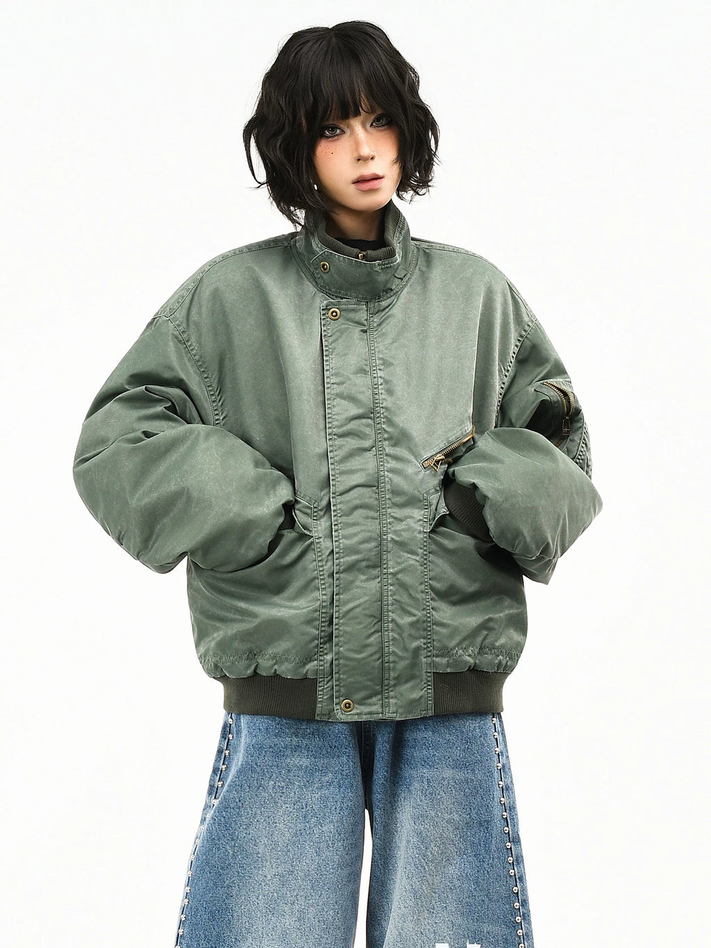OV原创美式脏染做旧水洗轰炸机棉服外套女冬季宽松短款保暖棉衣男