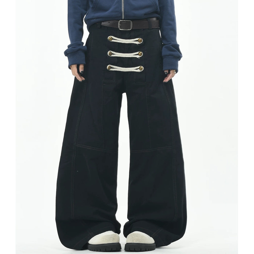 OV original palace style rope embroidery double breasted design sense casual pants for men and women loose wide legs deconstruction workwear pants trend
