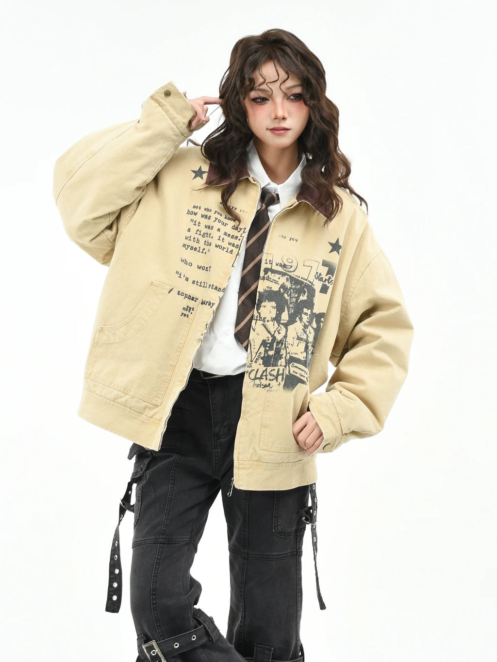 OV Original American Retro Character Printed Detroit Velvet Jacket Women's Winter Loose Vintage Warm Cotton Jacket Men