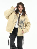 OV Original American Retro Character Printed Detroit Velvet Jacket Women's Winter Loose Vintage Warm Cotton Jacket Men