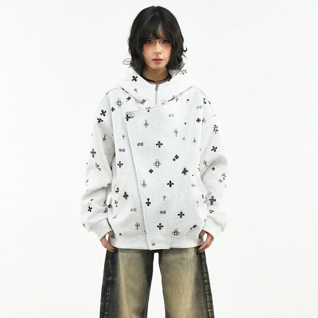 OV original American Gothic style cross full print hooded sweatshirt for women's spring loose zipper cardigan jacket for men's fashion