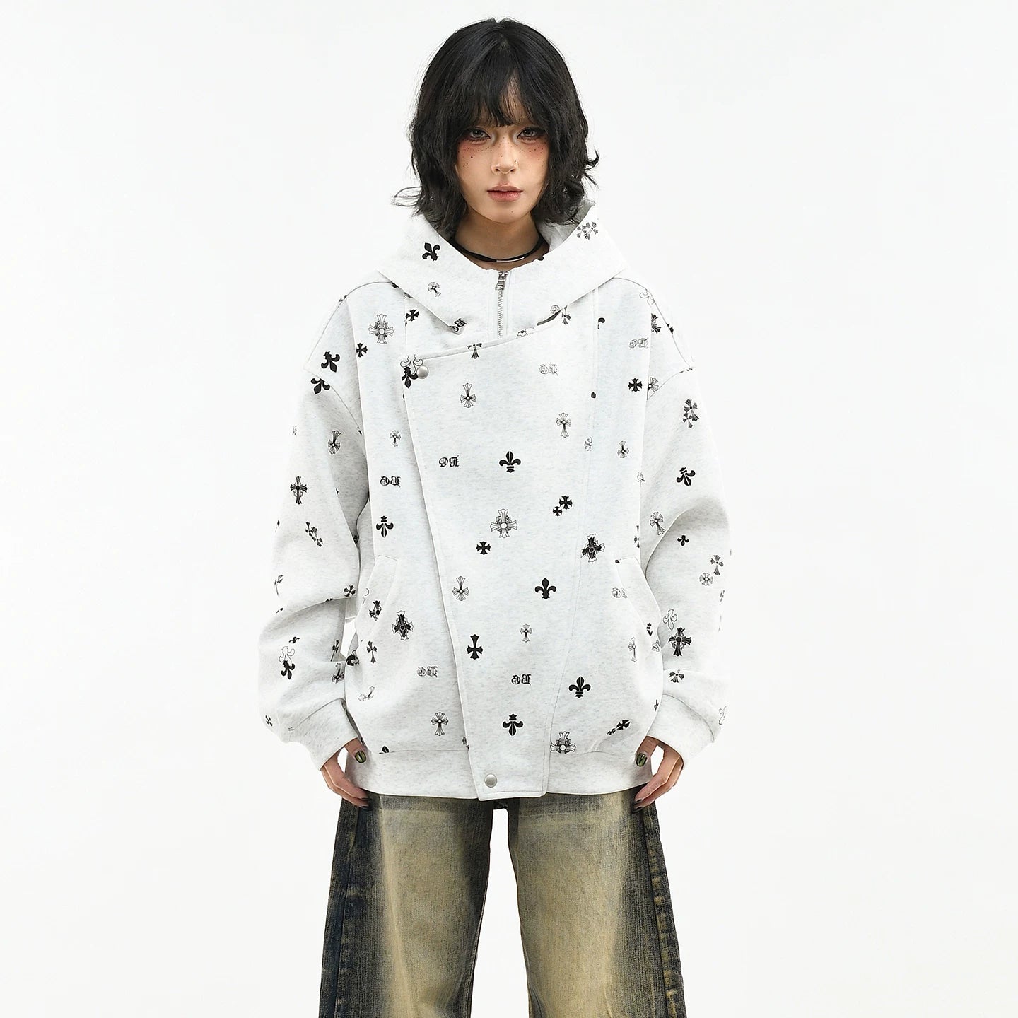 OV original American Gothic style cross full print hooded sweatshirt for women's spring loose zipper cardigan jacket for men's fashion