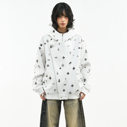 OV original American Gothic style cross full print hooded sweatshirt for women's spring loose zipper cardigan jacket for men's fashion