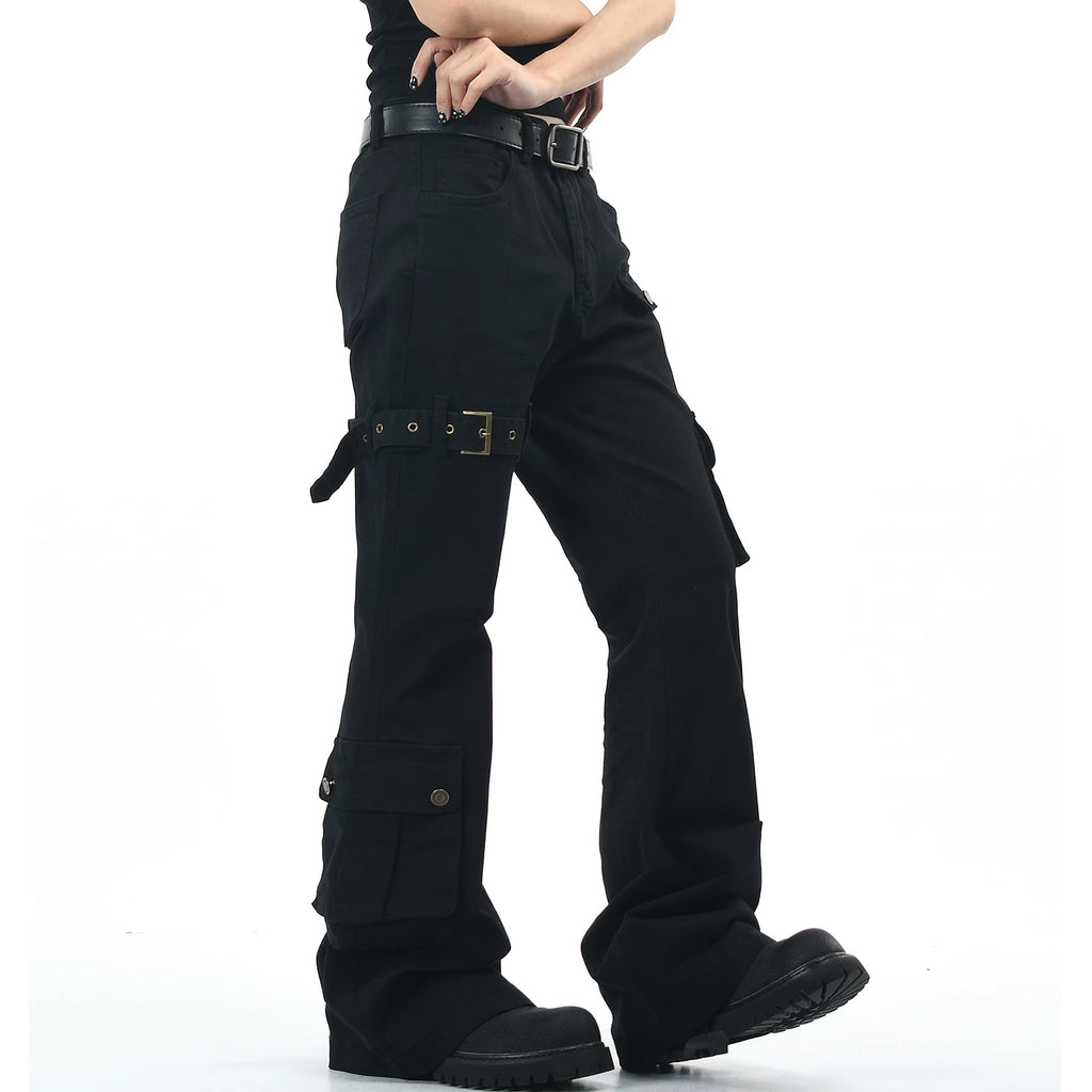 OV original American subculture multi pocket work pants with loose strap design for men and women, slim and casual, slightly flared pants trend