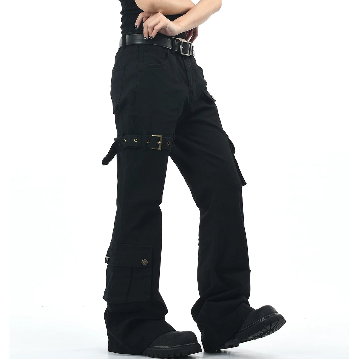 OV original American subculture multi pocket work pants with loose strap design for men and women, slim and casual, slightly flared pants trend