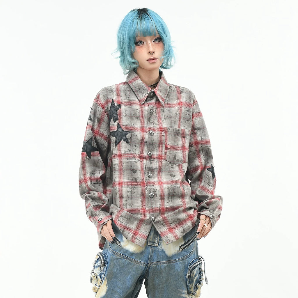 OV original American vintage dirty dyed checkered long sleeved shirt for men and women in autumn, loose, star studded embroidered shirt trend