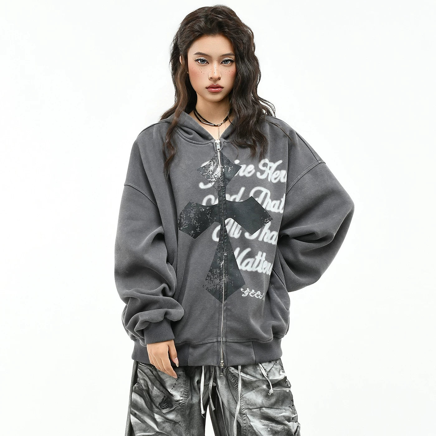 OV original American cross print dirty dye vintage hooded sweatshirt for men and women autumn street loose cardigan jacket