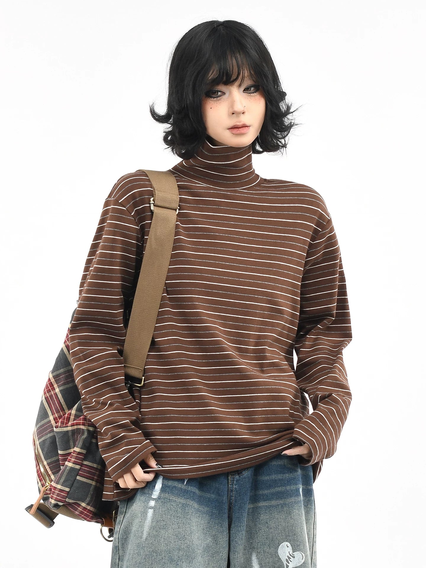 OV Original/American Money Style Striped High Collar Long Sleeve T-shirt for Men and Women in Autumn, Loose and Versatile Bottom Shirt, Top Trendy