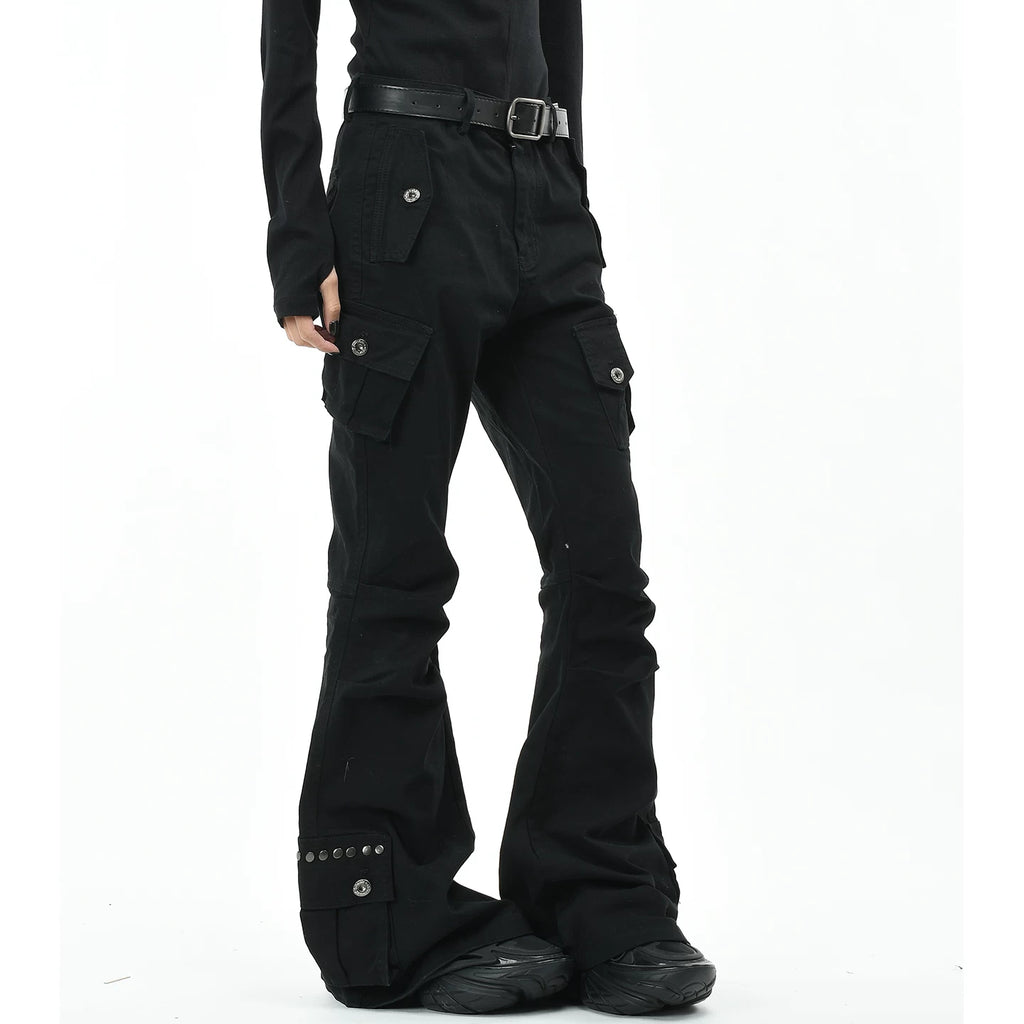 OV original American punk subculture multi pocket work pants with rivet design for men and women, slim fit micro flared pants, trendy