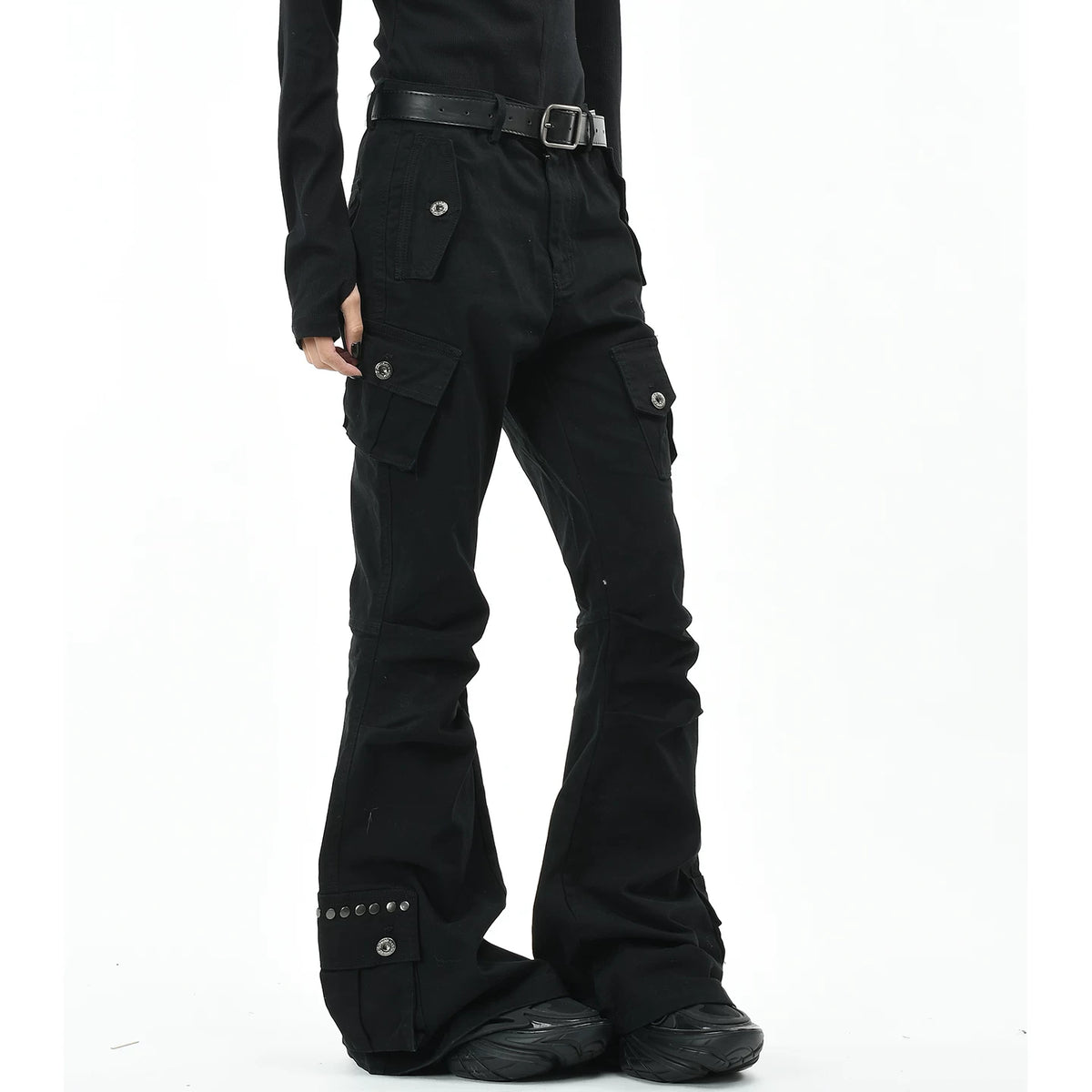 OV original American punk subculture multi pocket work pants with rivet design for men and women, slim fit micro flared pants, trendy