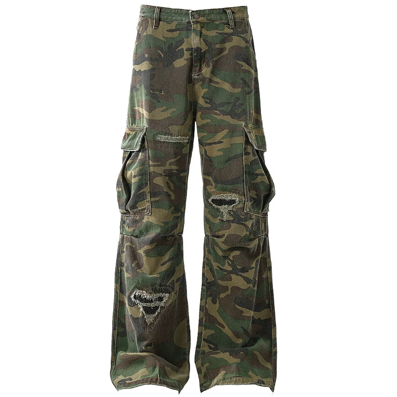 OV original American retro camouflage worn out design, vintage work pants for men and women, loose straight leg large pocket long pants
