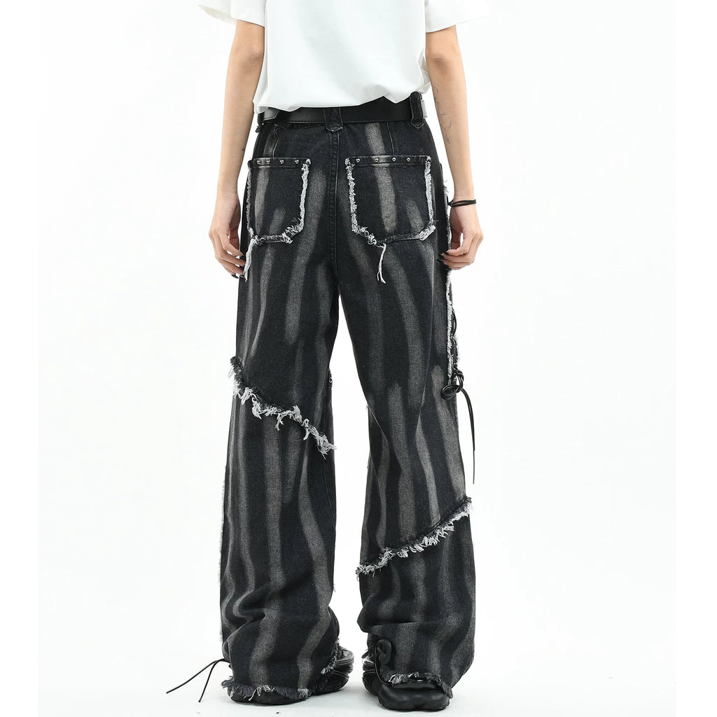 OV original American punk rivet distressed washed denim jeans for men and women, lightweight and loose straight leg with frayed edges, long pants