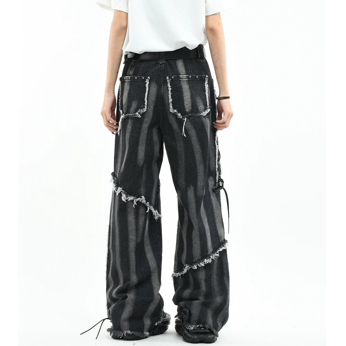 OV original American punk rivet distressed washed denim jeans for men and women, lightweight and loose straight leg with frayed edges, long pants