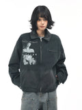 OV original American retro character print distressed washed workwear jacket for men and women in autumn loose collar jacket trend