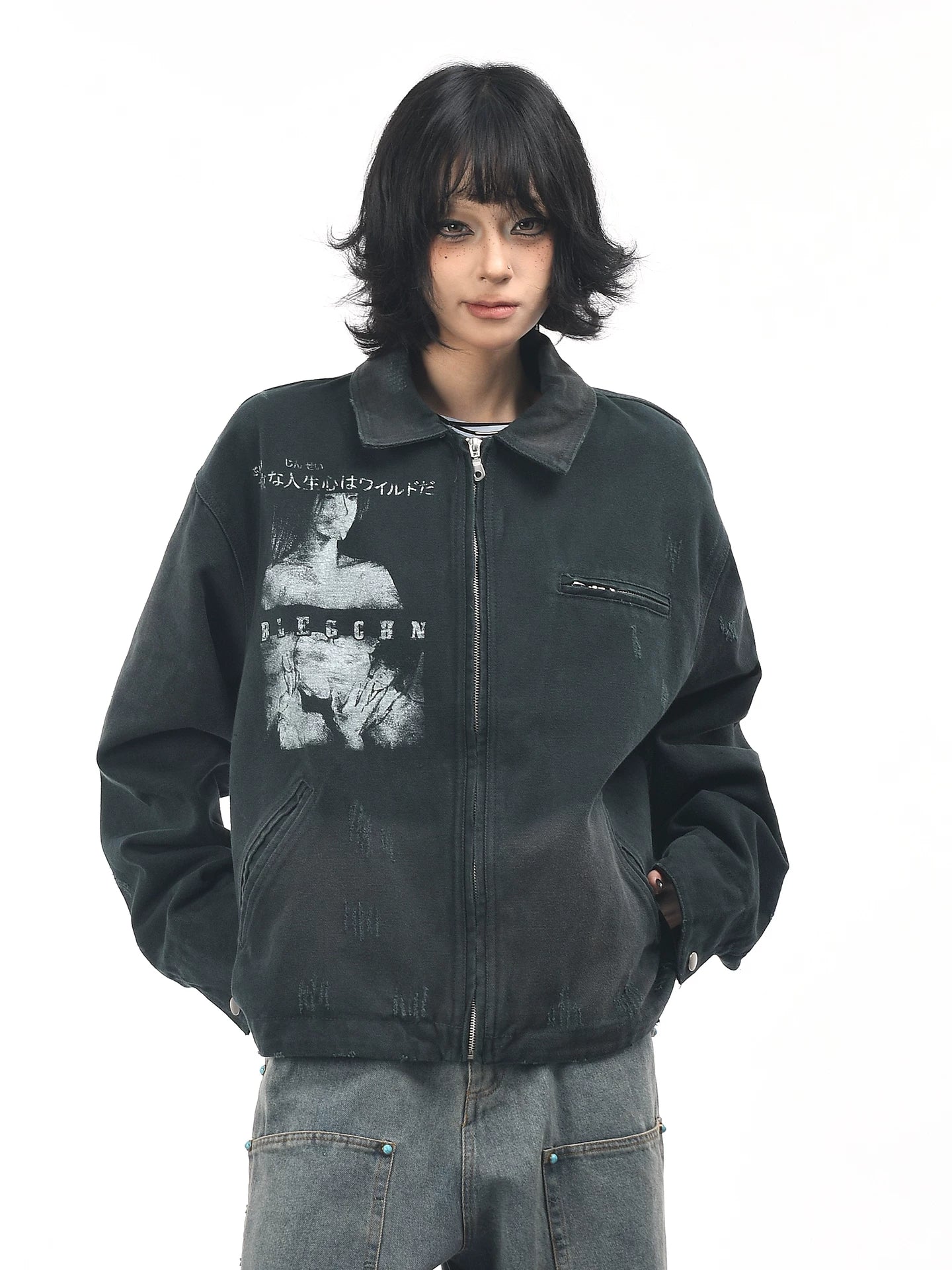 OV original American retro character print distressed washed workwear jacket for men and women in autumn loose collar jacket trend