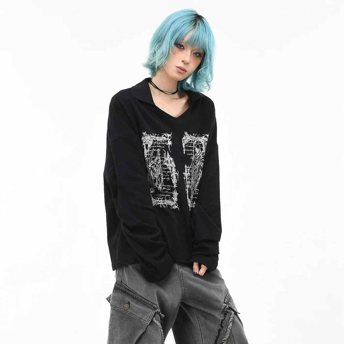OV original American Death Angel print V-neck long sleeved T-shirt for men and women in autumn, loose subculture, lapel top trend