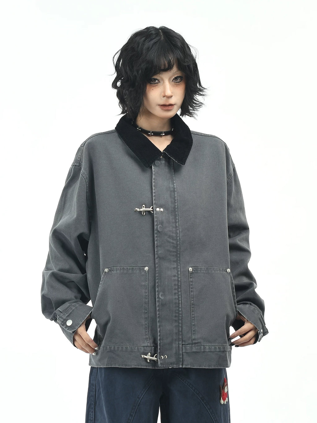 OV original American contrasting color airplane buckle splicing lapel workwear jacket for men and women, autumn street loose couple jacket