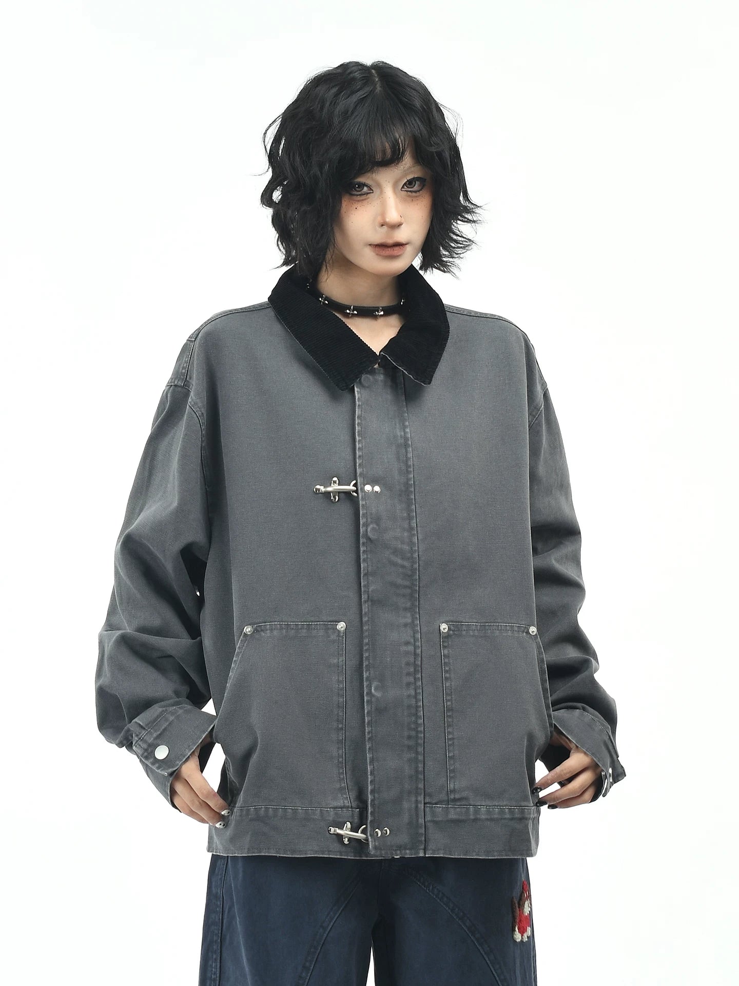 OV original American contrasting color airplane buckle splicing lapel workwear jacket for men and women, autumn street loose couple jacket