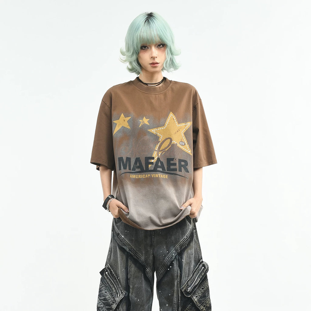 OV original/retro star print tie dye short sleeved T-shirt for women, summer loose round neck trendy brand vintage top for men, boyfriend