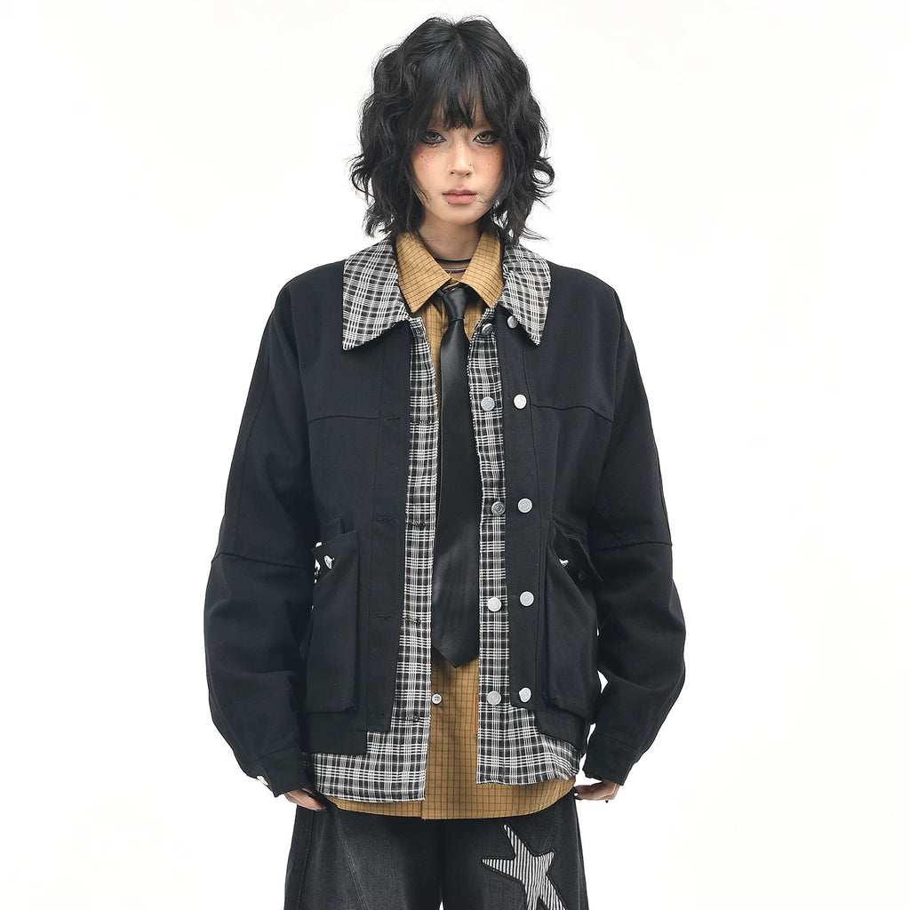OV original American retro checkered patchwork fake two-piece workwear jacket for women, autumn casual loose collar jacket for men