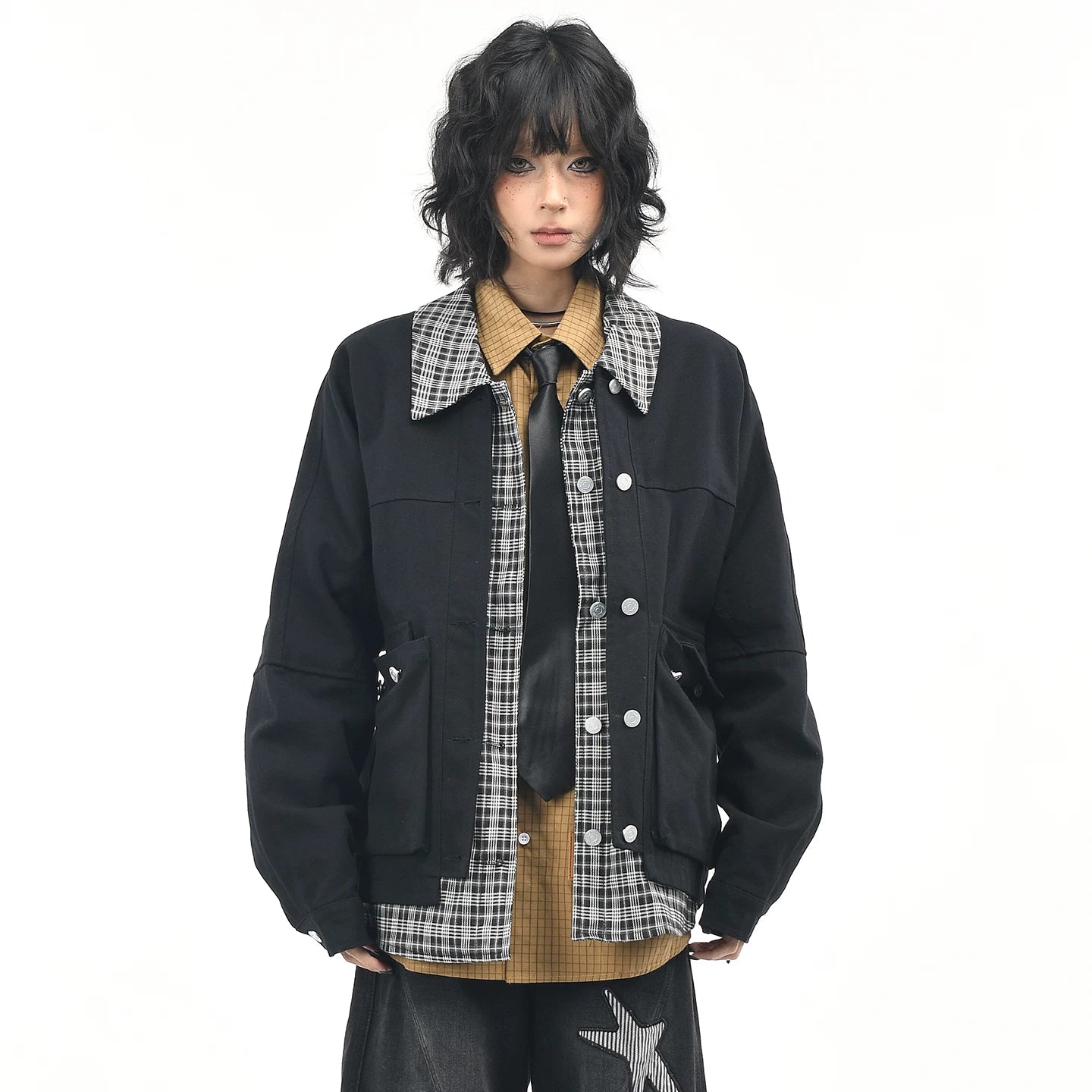 OV original American retro checkered patchwork fake two-piece workwear jacket for women, autumn casual loose collar jacket for men
