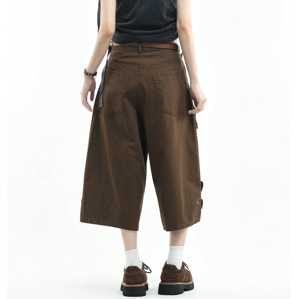 OV original American retro scarf belt design work pants for men and women, summer loose wide leg casual cropped pants trend