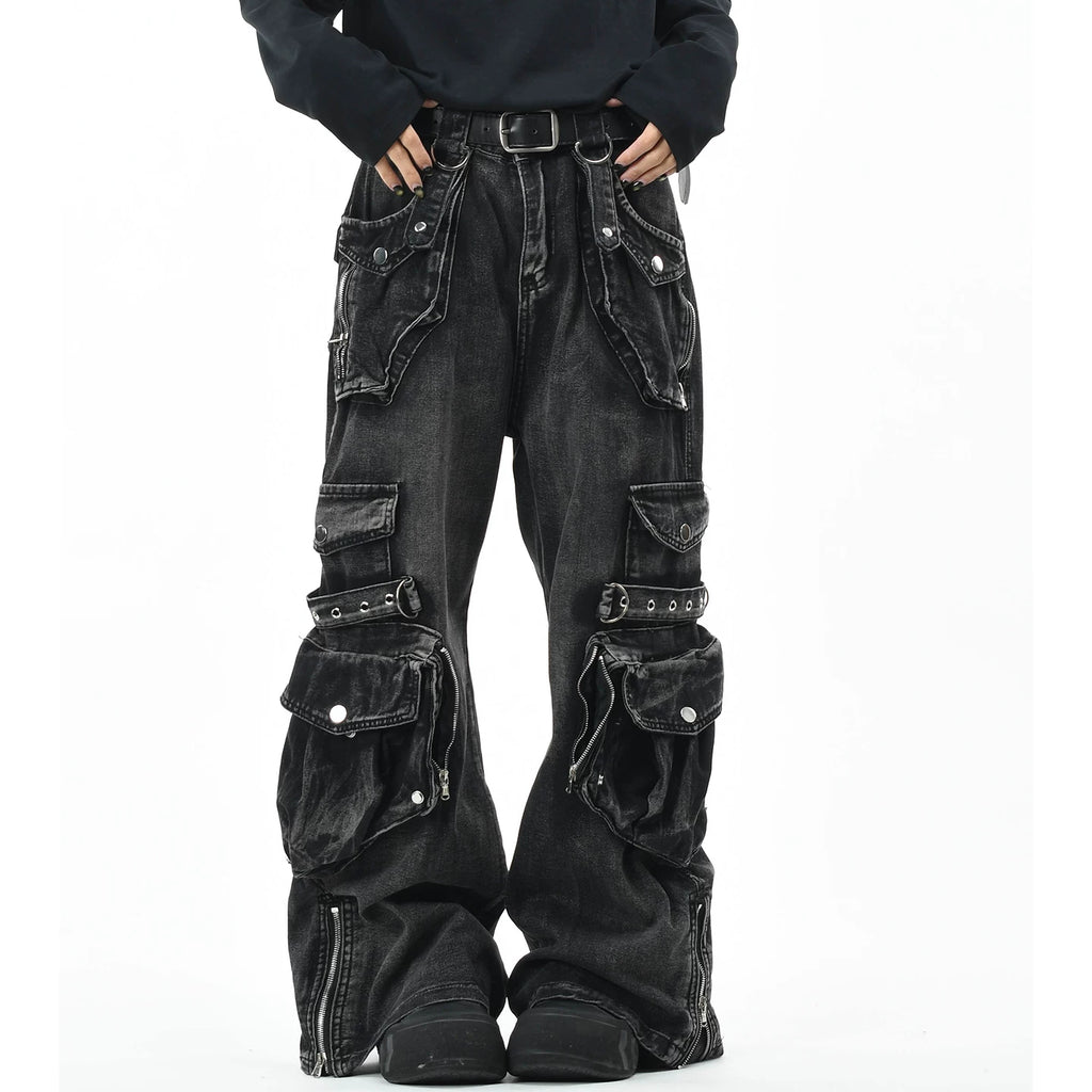 OV original American heavy industry vintage washed multi pocket workwear jeans for men and women loose wide leg punk style pants