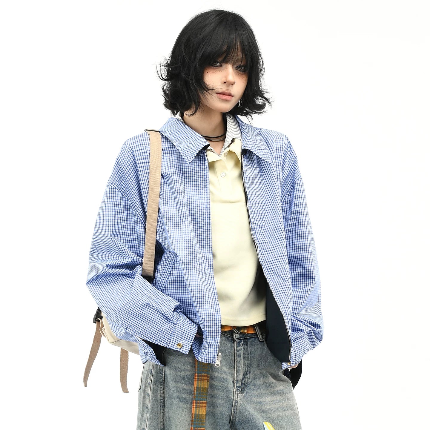 OV original American retro plaid double-sided jacket for men and women in autumn, small and loose casual short jacket trend