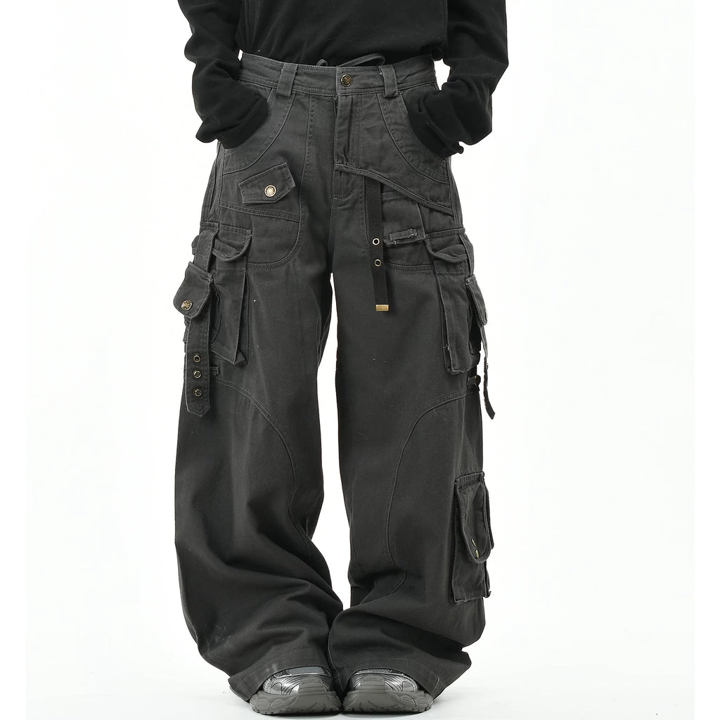 OV original American style multi pocket ribbon functional work pants for women on the street, loose wide leg washed long pants for men, trendy