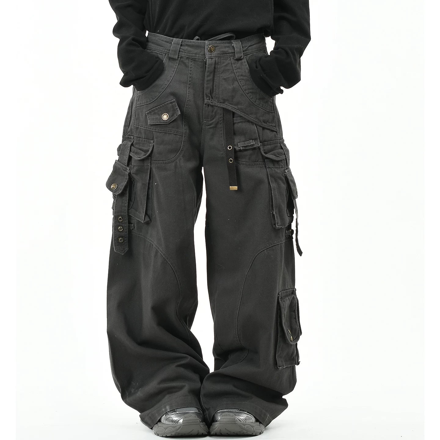 OV original American style multi pocket ribbon functional work pants for women on the street, loose wide leg washed long pants for men, trendy