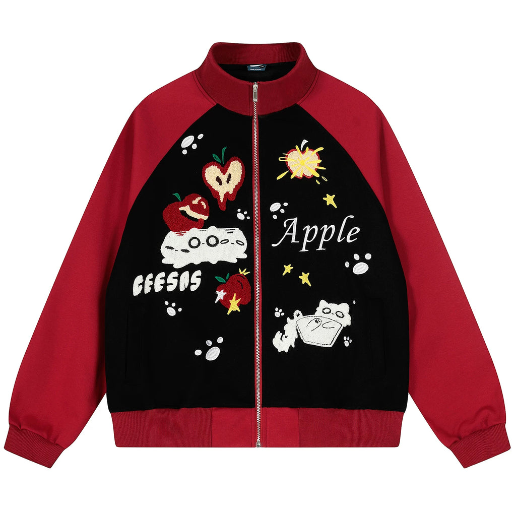OV Original American Fun Cat Towel Embroidery Cardigan Sweatshirt Men's and Women's Autumn Color Contrasting Loose Casual Coat Trendy