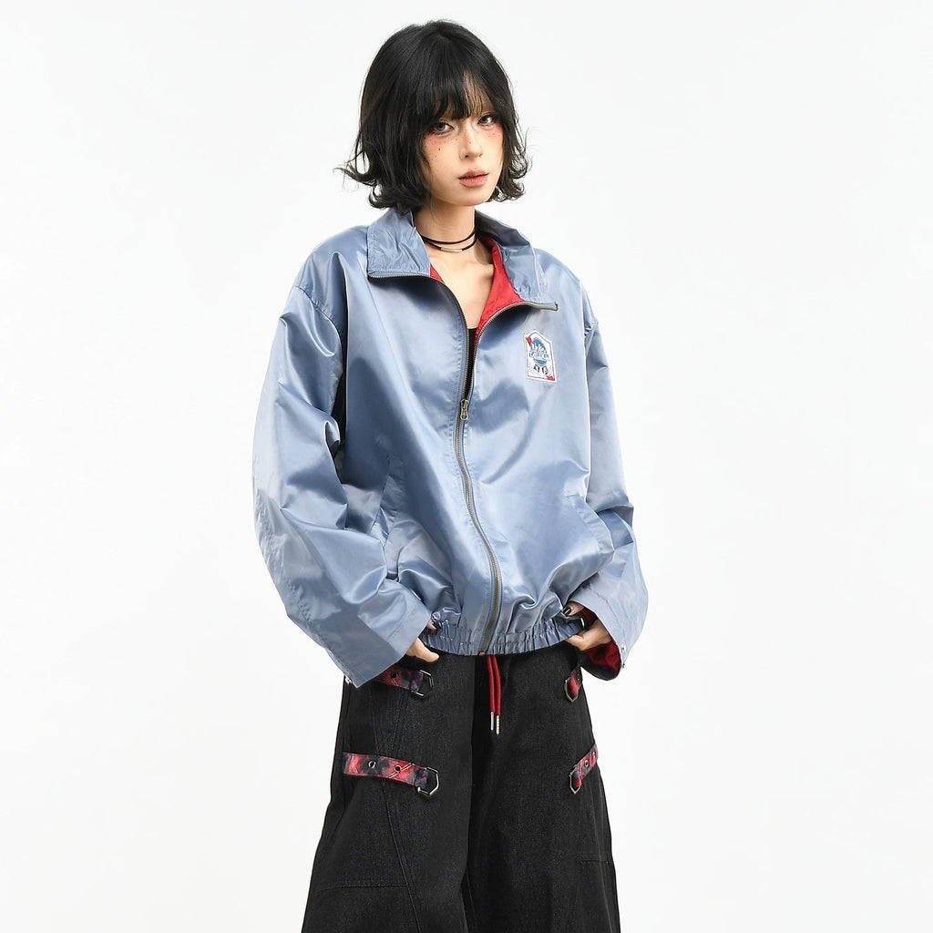 OV original American high-end nylon glossy embroidered stand up collar jacket for women's spring loose short flight jacket for men