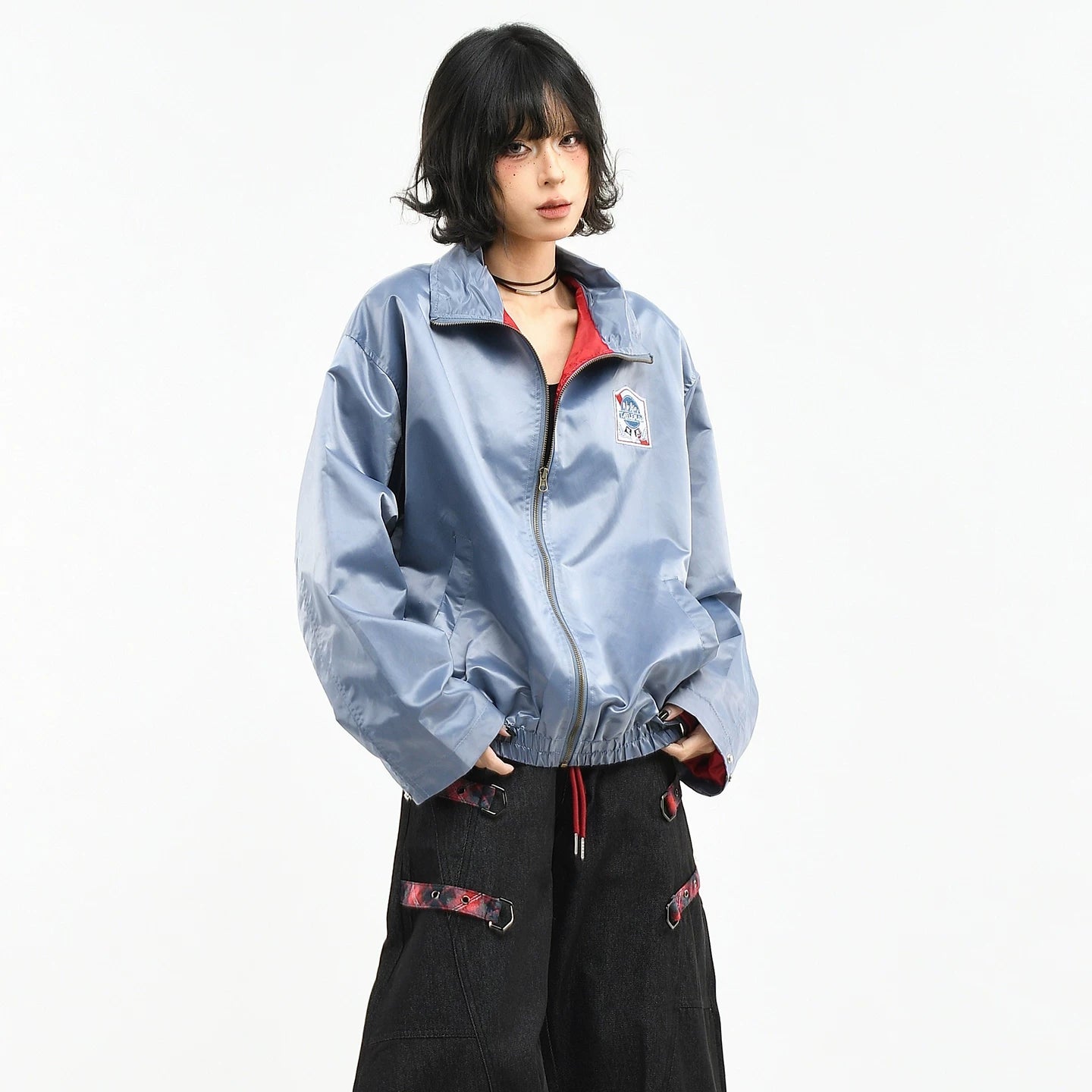 OV original American high-end nylon glossy embroidered stand up collar jacket for women's spring loose short flight jacket for men