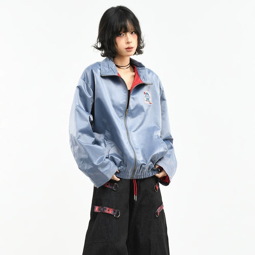 OV original American high-end nylon glossy embroidered stand up collar jacket for women's spring loose short flight jacket for men