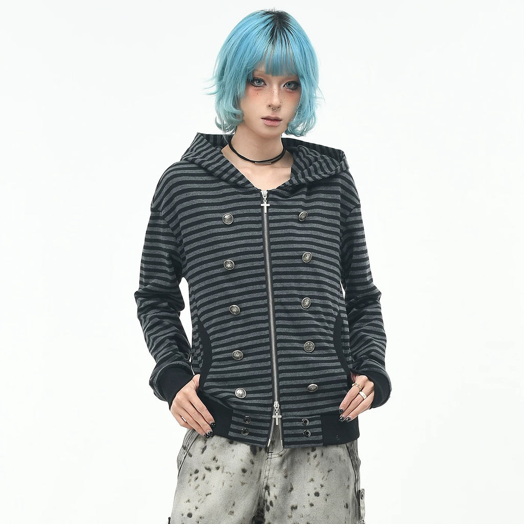 OV original subculture double breasted design striped hooded sweatshirt women's autumn slim fit short zipper cardigan jacket