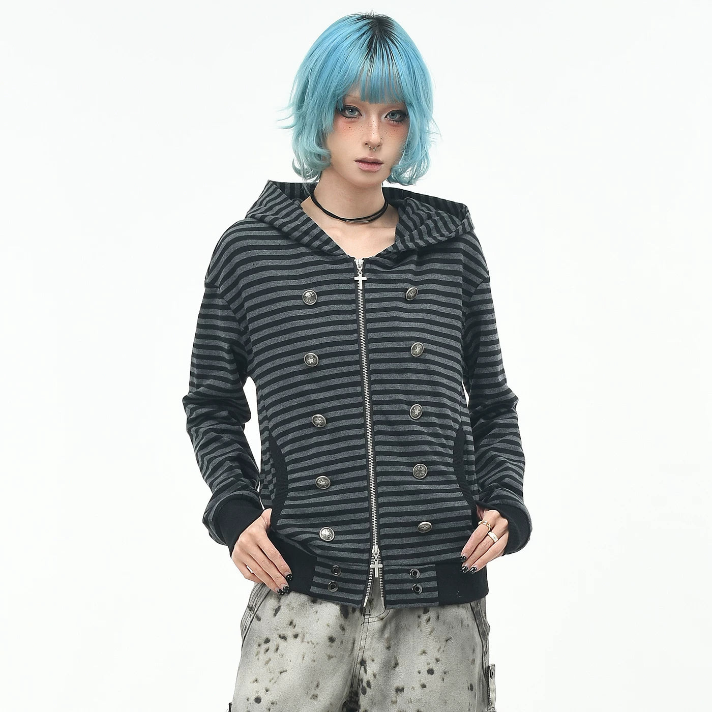 OV original subculture double breasted design striped hooded sweatshirt women's autumn slim fit short zipper cardigan jacket