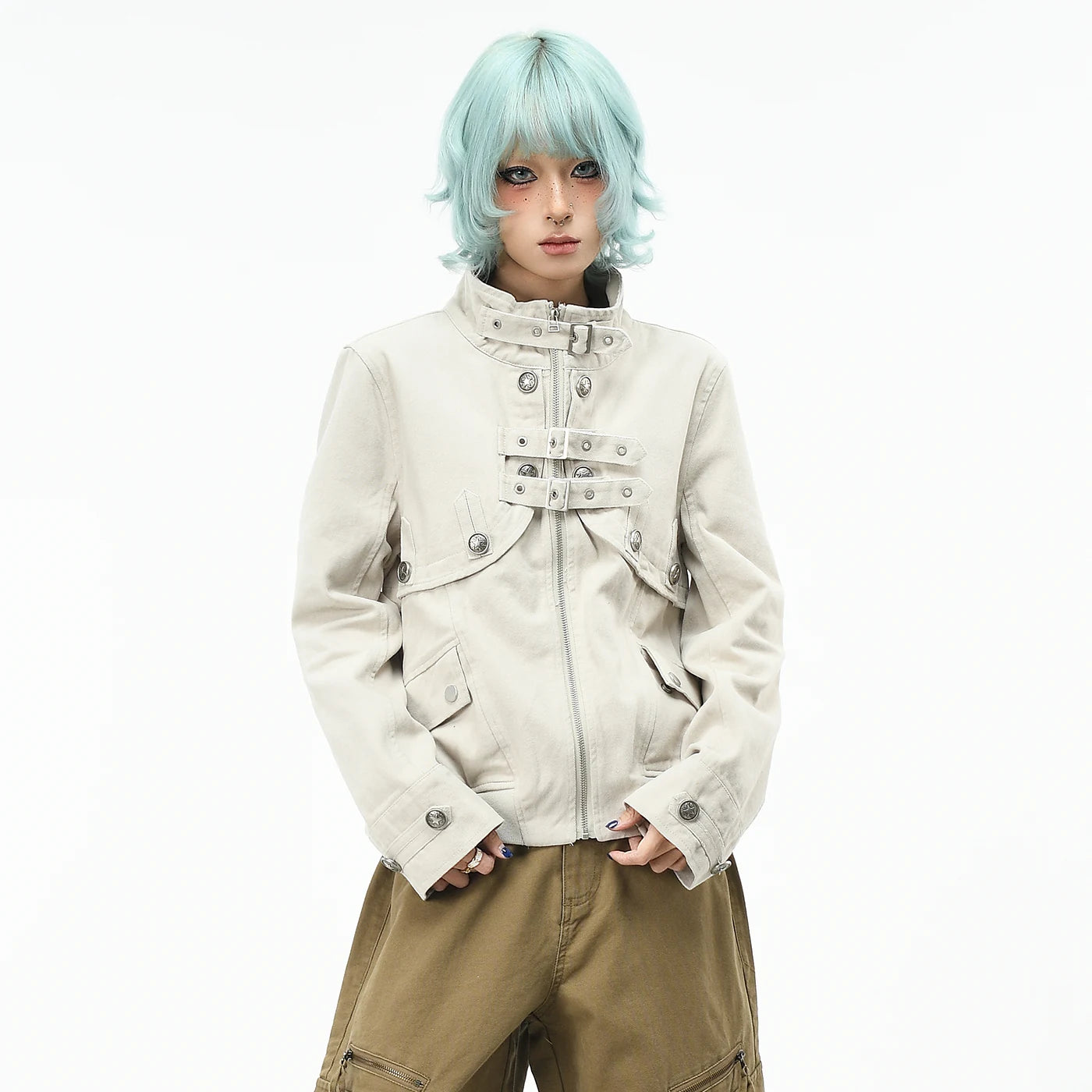 OV original American punk metal buckle heavy water washed stand up collar jacket for men and women autumn street loose short jacket